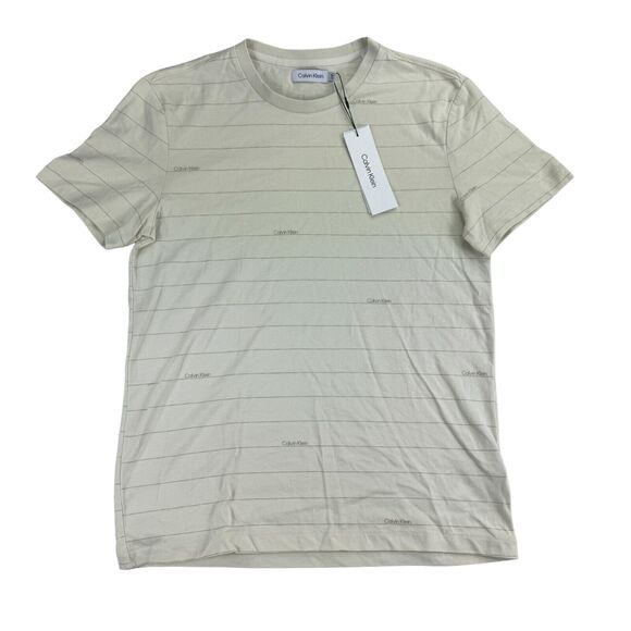 Calvin Klein Mens Striped Logo Short Sleeve Crewneck T-Shirt Beige S - Picture 1 of 4